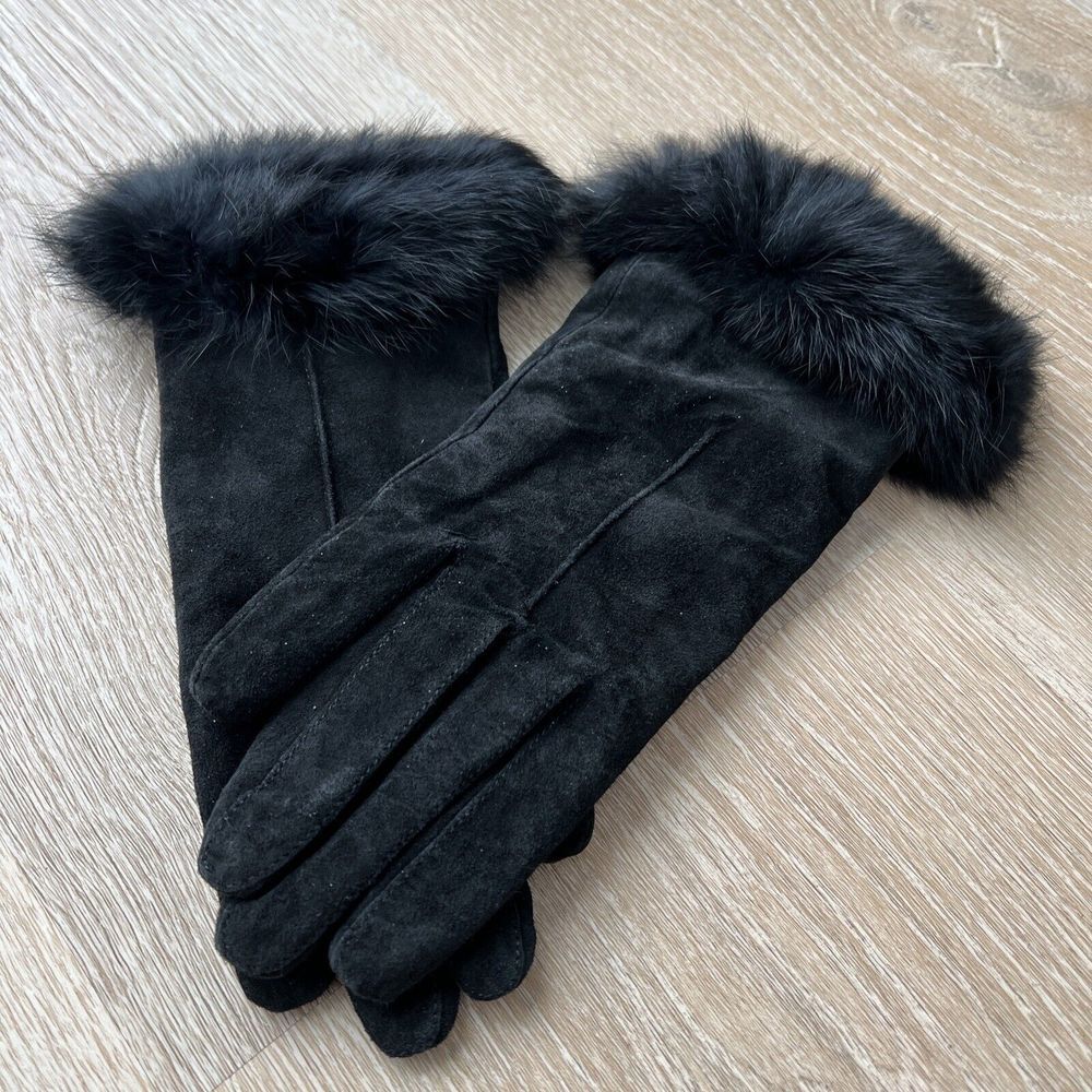 LADIES BLACK SUEDE DRESS GLOVES RABBIT FUR TRIMED UNLINED‎ SIZE M/LG